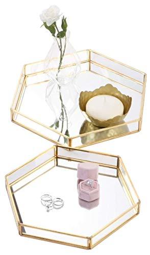 Image of brass vintage glass hexagonal jewellery mirror tray for Home /Office Storage, Display, Cosmetics for Bedroom Bathroom (golden) Size: 8 X 8 X 2 inches (W X L X H)
