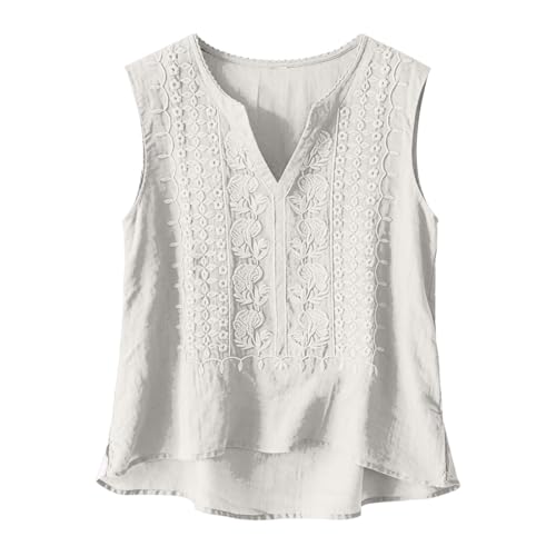 Cltopsku Women Cotton Linen Tank Tops Embroidered Sleeveless Linen Shirts Casual Solid Color Pleated V Neck Gauze Shirt Fashion Boho Loose Fit Camisole Spring Summer Plus Size Senior Clothes White2 M