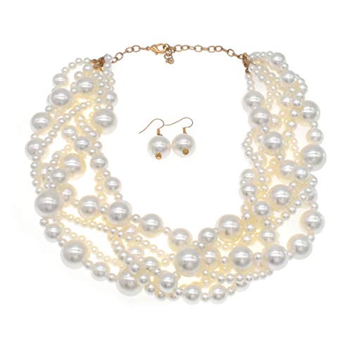 Cioou Pearl Necklace For Women Multi Strand Pearl Necklaces 3 Layer Faux Pearl Necklace Earrings Set Costume Pearl Jewelry (A-White Pearl Necklace) #TOP2