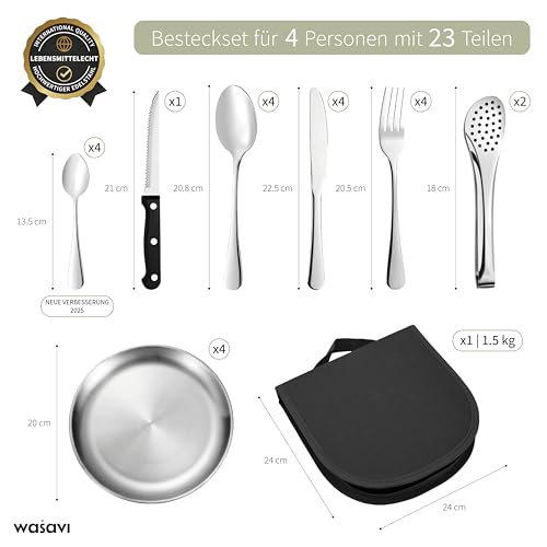 [23-teiliges 4 Personen] Camping Geschirr Set – Besteckset mit Edelstahl Gabeln, Messer und Löffel – Tragbares Besteck für Outdoor, Picknick und Grillen. (Enthält 4 Teelöffel) (Standardversion)
