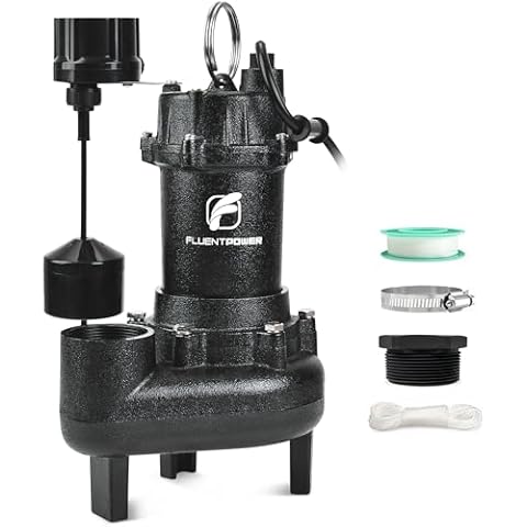FLUENTPOWER 3/4HP 5000GPH Sewage Effluent Pump, Cast Iron Ejector Submersible Sewer Pump, with Automatic Vertical Float Switch for Basement Residential Septic Basin, 10 ft Cord, 2" NPT Discharge Cover