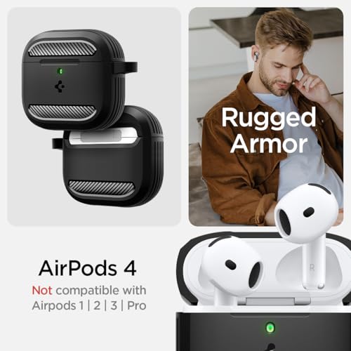 Spigen Rugged Armor Designed for AirPods 4 Case (2024) Drop-Protection Cover with Carabiner Key Chain - Matte Black