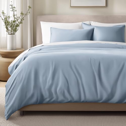 Bare Home 100% Organic Cotton Sateen Duvet Cover Set (Queen, Dusty Blue)