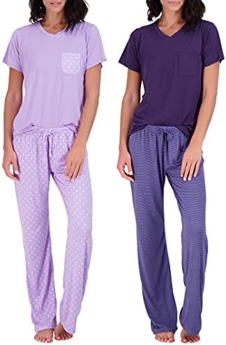 2 Pack: Women’s Pajama Sets Ladies Short Sleeve V-Neck Tops Pants Bottoms Bamboo Pijama Mujer comfy Soft PJ fashion Sleepwear Lightweight Fall Clothing Silky Sleep Lounge Night Wear,Set 2-XL