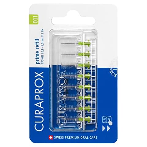 Curaprox CPS 011 Prime Refill Interdental Brushes, Lime Green, 8 Count - 8 x 1.1mm - 5mm Internal Toothbrushes Cover