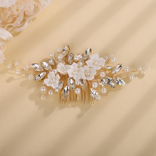 Peine para cabello con cristal y perlas dorado miniatura 2
