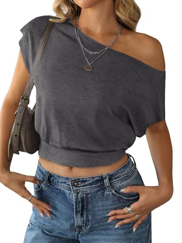 Image of SOFIA'S CHOICE Women's Off The Shoulder T Shirt Crop Top Casual Summer Dolman Sleeve Asymmetrical Cinched Waist Tops