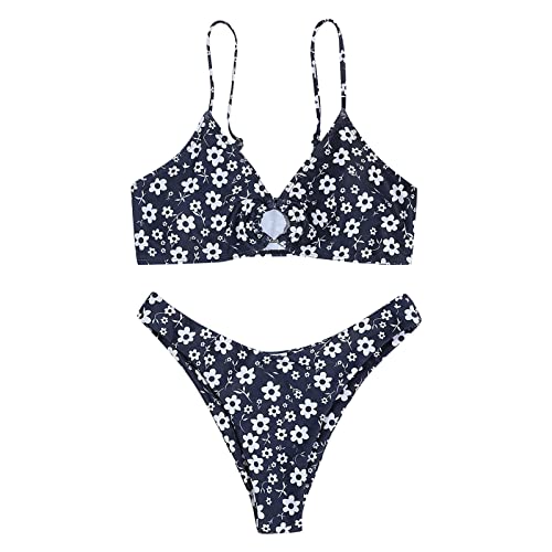 Maillot de bain deux pièces imprimé floral noir, bikini dos nu femme taille L