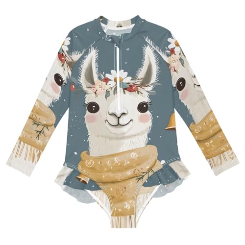 Cute Llama Animal Flower Girls Long Sleeve Swimsuit Rash Guard One Piece Bathing Suits Zipper 3-12T