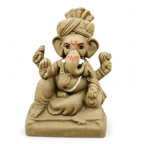 Image of Clay Ganesh Idol, 4 Inches Height, Water Soluble Ganpati Murti for Ganpati Visarjan (Small) (Natural Brown - Pagri Ganesha)
