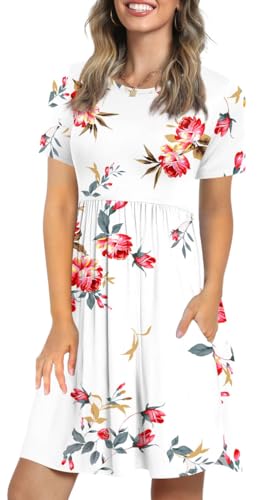LONGYUAN Womans Short Sleeve Loose Loungewear Dress Swing Sundress with Pockets Floral Printed Medium