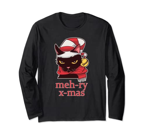 Photo de Meh Cat Meh-ry X-mas Grincheux pour les amoureux des chats Inscription Merry Christmas Manche Longue