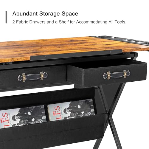 VECELO Drafting Table Art Desk Art Table Adjustable Drawing Table Tilted Tabletop with 2 Storage Drawers and Stool, Drawing Desk for Artist Painters Drawing, Crafting, Reading, Writing, Rustic Brown - Image 6