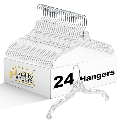 quality hangers 24 pack clear plastic hangers with super easy 360 degree swivel hook – shirt hangers with precision notches for secure hanging – slim crystal coat hangers – 17 inches (24, 17")