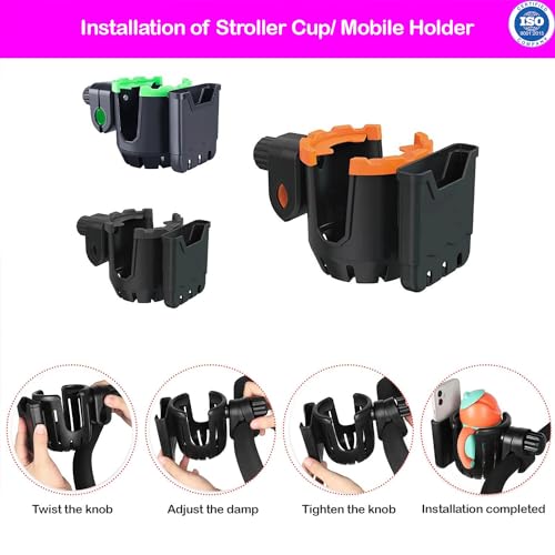 Image of Safe-O-Kid Universal 2-in-1 Stroller Cup Holder with Phone Holder | Drink & Mobile Holder for Stroller, Bike, Walker & Wheelchair | Green
