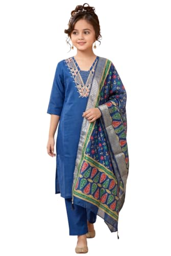Image of Girls Cotton Blend Embroidered Kurta Pant with Printed Banarasi Style Dupatta Set | Festive Ethnic Wear for Kids | Traditional Suit Set for Girls (4-14Years)
