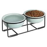 Comedero y Bebedero Elevado para Perros - Cuencos Dobles de Cerámica con Soporte Metálico para Comida y Agua - Ideal para Gatos y Perros Pequeños - 2 x 375 ml - Verde