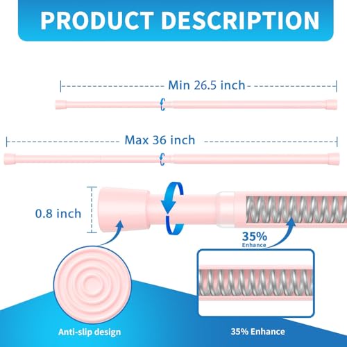 Image of AIZESI 2 Pack Tension Curtain Rod for Windows 26.5 to 36 inch, Adjustable Expandable Pressure Spring Curtain Rod No Drilling, Pink Curtain Rod for Bedroom Doorway Closet Door