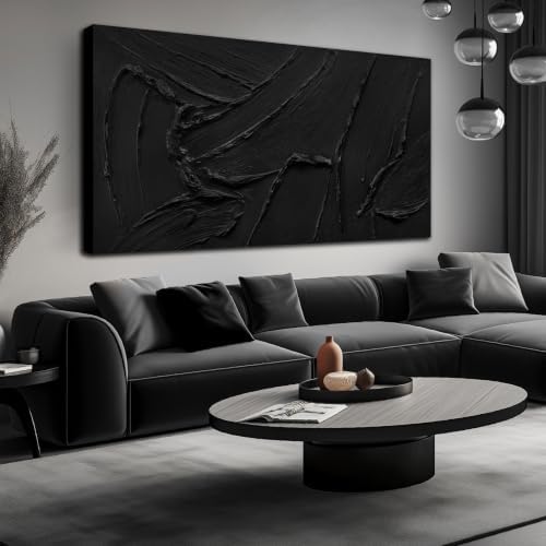 3D Heavy Texture Painting Black Abstract Canvas Wall Art for Livi...