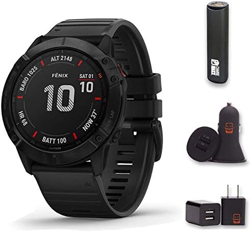 Garmin Fenix 6X Sapphire - (Dary Gray w/Black Band) Bundle with PowerBank + USB Car Charger + USB Wall Charger (4 Items)