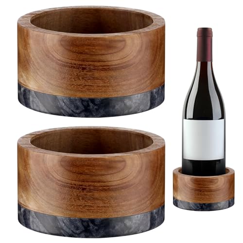 Baderke 2 Pcs Wood and Marble Wine Bottle Coaster Set Wine Holder for Champagne Bottles and Any Occasion (Black Base)