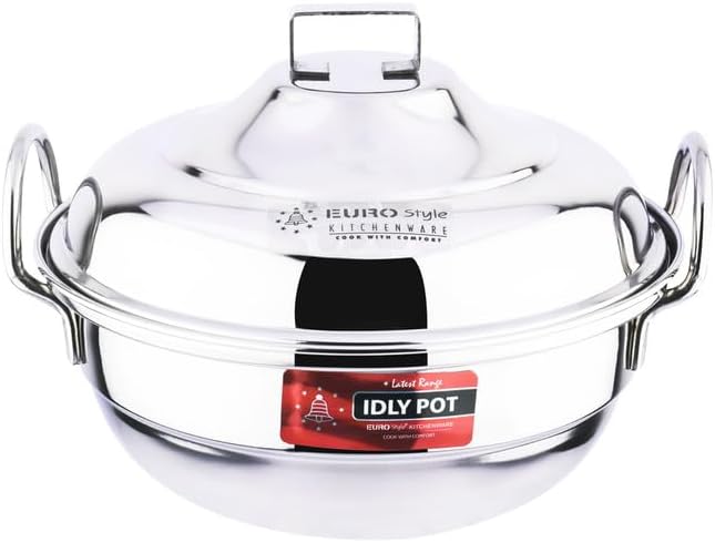 Eurostyle Stainless Steel Idli Steamer with Lid, Steamer Section & Bottom – Available in Economy, Premium & Big Batch Multi-Tier Cookware for Idli, Dhokla, Modak & More (Economy, 8 Idlis)