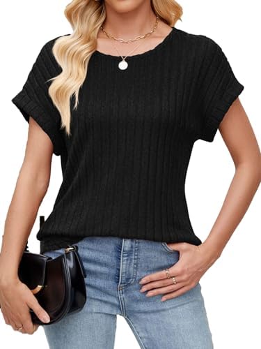 Womens Short Sleeve Tops Casual Crew Neck Spring T Shirts Eyelet Outfits Trendy spring summer Clothes Black Small