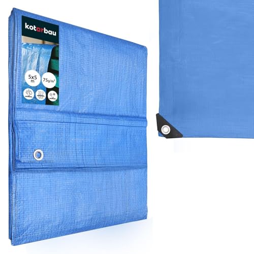 KOTARBAU® Bâche de Protection Extérieur - Polyéthylène - 5 x 5 m - Bleu - 75 g/m² - Bâche avec œillets - Anti UV - Toile de Protection - Couverture Impermeable Exterieu