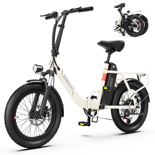 INVANTI Foldable Electric Bike, 1000W Peak Motor Ebikes for Adults, 25MPH Top Speed 45Miles, 20" Step-Thru Fat Tire E-Bike for All Terrains with Rear Rack, Front Suspension Commuting Bicycle, White
