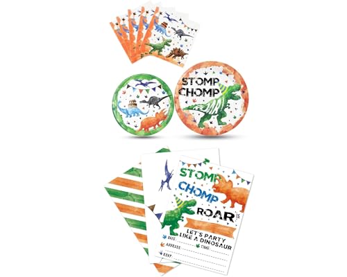WERNNSAI 20PCS Dinosaur Party Invitation Cards + 48PCS Watercolor Dinosaur Party Plates and Napkins