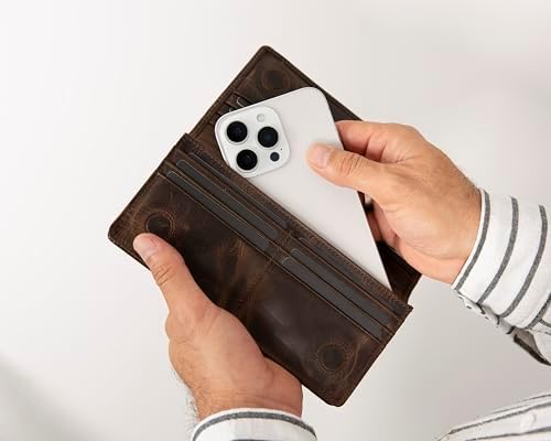 Hakiki Deri Erkek ve Kadın Cüzdan – 12 Kart Kapasiteli, Telefon Bölmeli, Gizli Cepli ve Manyetik Kapaklı El Cüzdanı (Kahverengi) - Görsel 7