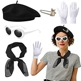 LIZANQU 5 Piezas Conjunto de Disfraces Franceses, Accesorios de Disfraz Francés, con Boina Francesa Gafas de Sol Bufanda Guantes para Carnaval Halloween Cosplay Disfraz de Fiesta (A)