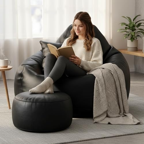 Image of KAM'S LIEU 5XL Bean Bag Combo with Footrest & Cushion | Filled with High Density EPS Beans | Comfortable Sofa for Living Room & Bedroom | 6 Months Warranty, Color- (Black, 5XL, Classic)