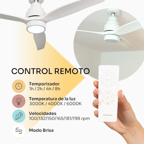 Miniatura 4 de Mellerware - Ventilador De Techo Con Mando A Distancia Brizy Bright 45 W 6 Velocidades Ultra Silencioso 3 Aspas 132 De Diámetro Función Verano-Invierno Temporizador Led White