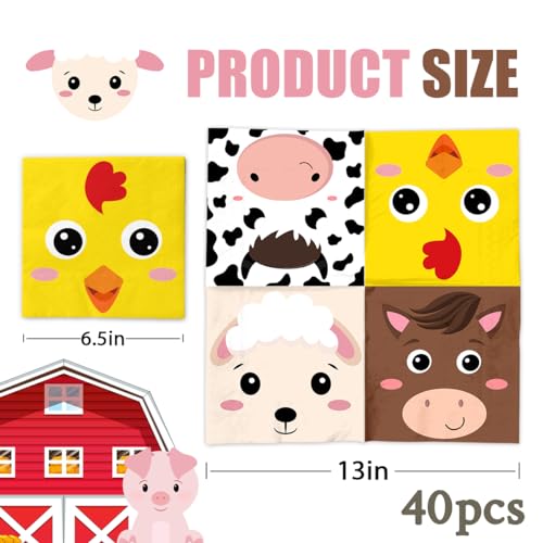 Cmusko 250 40Pcs Farm Animals Napkins-Farm Theme Party Decorations Pig Cow Horse Chick Animals Disposable Paper Napkins thumb #3
