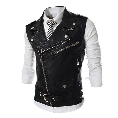 Black Leather Vest Men Motorcycle Moto Sleeveless Brando Style SlimFit2