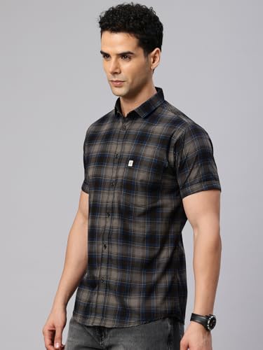 Image of Majestic Man Men Comfort Slim Fit Checked Pure Cotton Half Sleeve Casual Shirt