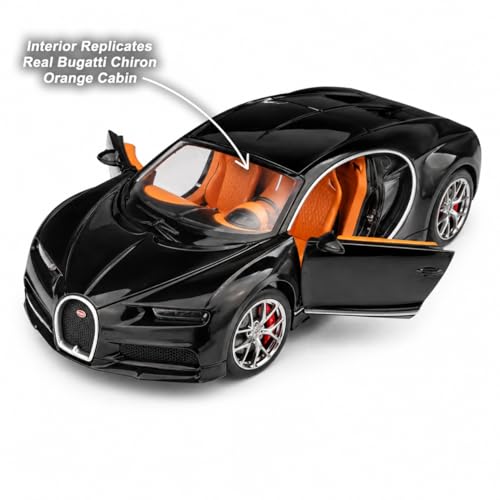 Image of Bugatti Chiron 1:24 Scale Die-Cast Car Model Black - Detachable Luggage Steering Wheel Sound Light Pull-Back Alloy Hypercar Collectible Toy
