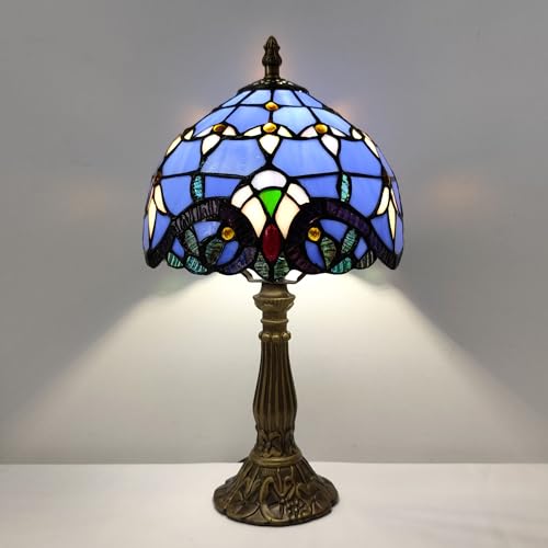 Image of Tiffany Table Lamp 3-Way Light Handmade Bedside Lamp Small Desk Night Lamp Stained Glass Antique 15inch Tall Desk Light for Home Office Bedroom Living Room Study Room, Blue