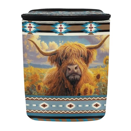 Image of Talayituse Aztec Highland Cattle American Tribal Print Car Trash Can, Auto Garbage Bin with Adjustable Straps, Foldable Car Trash Bin Hanging Storage Organizer Bag Container for Camping Picnic