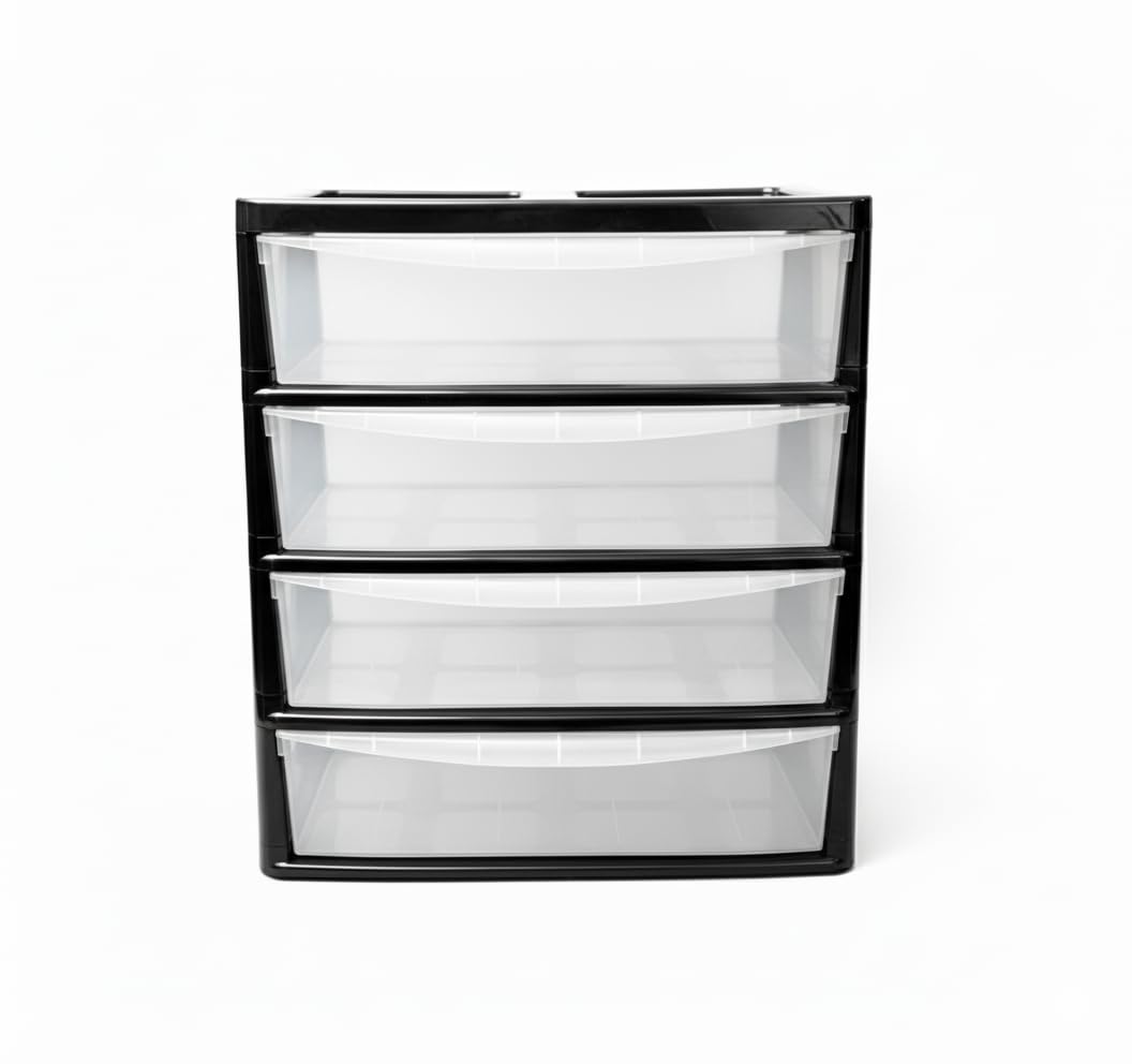 ZYORA Jumbo Plastic Storage Drawers Unit, Compact Vertical Organizer with Drawers, Durable Plastic Drawers Storage and Organization for Home, Office, Crafts & Household Use (Black/Clear, 4-Tier)
