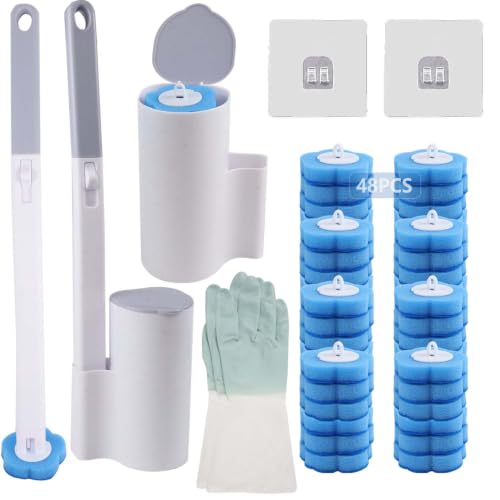 2 Pack Disposable Toilet Brush, 48 Cleaner Refills, Rubber Gloves