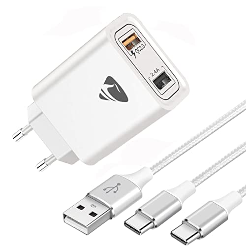 USB Ladegerät mit USB C Ladekabel 1M+2M, 2-Port USB Ladestecker mit 33W QC 3.0 Schnellladegerät Mehrfach USB Netzteil für Samsung Galaxy S21 S20 FE S10 S9 S8 A40 A41 A51 A52 A71, Huawei P30 P20 Cover