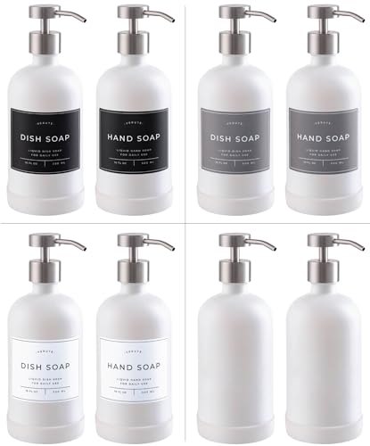 Image of Hand and Dish Soap Dispenser for Kitchen and Bathroom, Set of 2 16 Oz Glass Bottles, Stainless Steel Pumps, Non-Slip Silicone Base, 27 Waterproof Labels (Matte White Bottle /Brushed Silver Pump)