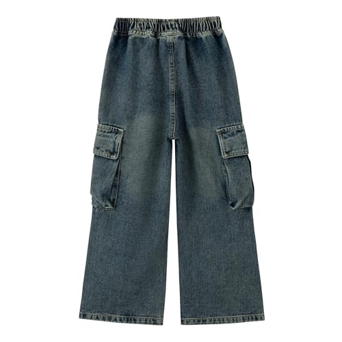 Girls Cargo Wide Leg Jeans Y2K Kids Loose Fit Boyfriend Denim Baggy Pants with Multi Pockets, 5-15Yrs2