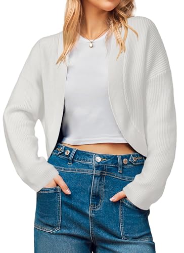 Arach&Cloz Women's Cropped Cardigan Sweaters 2025 Fall Elegant Wedding Guest Formal Party Trendy Open Front Long Sleeve Cardigans Lightweight Bolero Shrug Outfits Off-White S