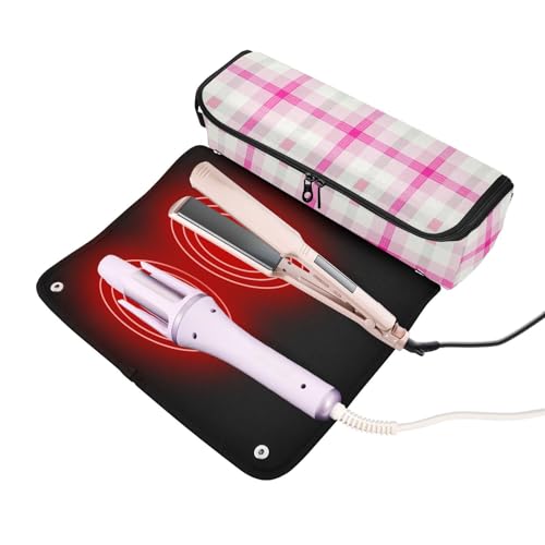 Estuche de viaje y tapete resistente al calor 2-en-1 para herramientas de peinado de cabello color magenta y blanco miniatura 2