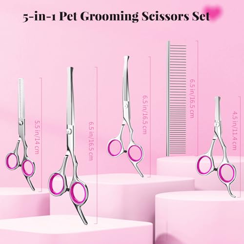Pawaboo Hundepflege Schere Set, 5 Stück Professionelle Hundesalon Schere Kämmen Fellschere mit Runder Sicherheitspitze für Haustiere Hunde Katze Effilierschere Haarpflege Fellpflege Schneiden - Rosa