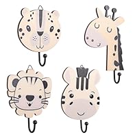 DOPENSPI Pack of 4 Children's Wooden Coat Hooks, Cute Wooden Animal Wall Hooks, Lion Leopard Zebra Giraffe Children's Wardrobe Hooks Cartoon Coat Hooks Children for Children's Room Bedroom Decor