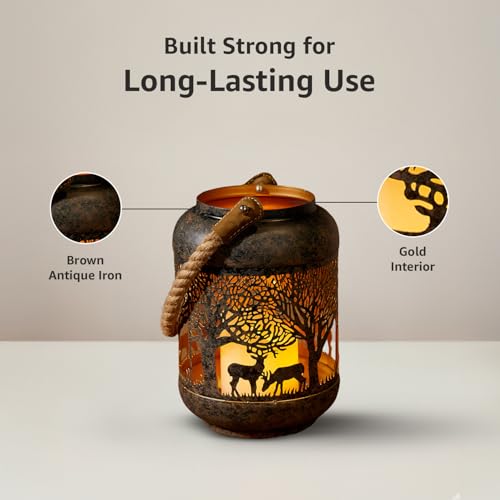 Image of Amazon Brand - Solimo Tea Light Lantern - Round Deer Design, Brown Antique Iron with Gold Interior (Size: L-15 cm x W-15 cm x H-23 cm)